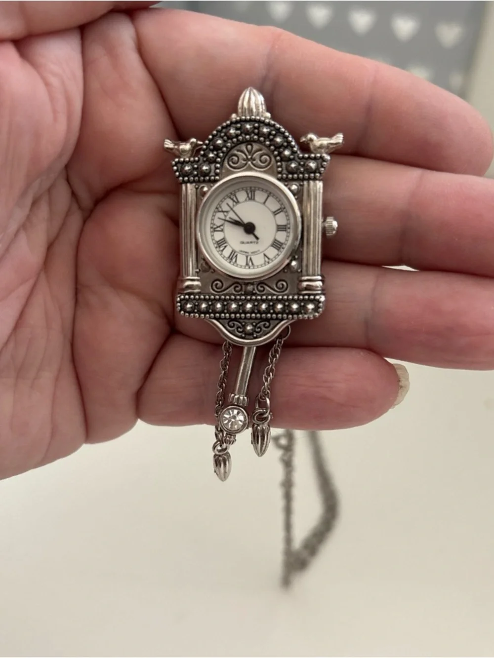 Vintage-Inspired Silver Cuckoo Clock Pendant Necklace - Silver - Picture 16 of 16